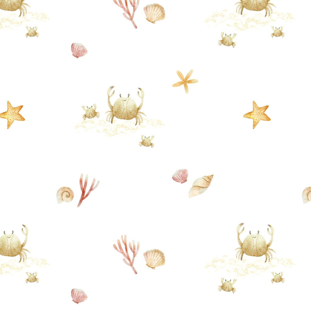 seaside print, white background with drawings of orange crabs and seashells