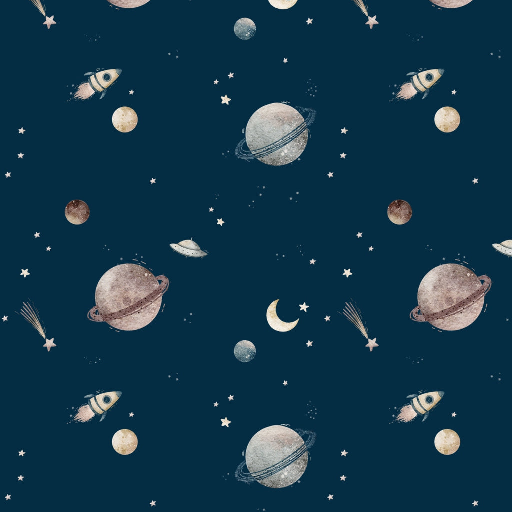 space print, deep blue background color with drawing of planets