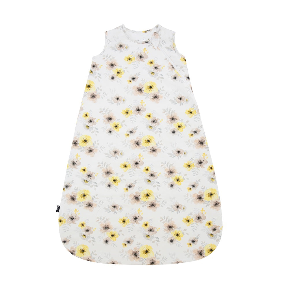 children's sleep bag in sunny meadow print, white background with yellow flowers